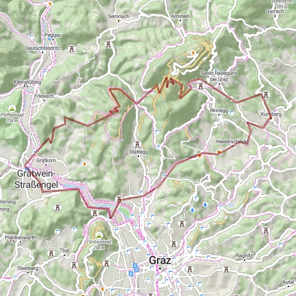 Miniatua del mapa de inspiración ciclista "Ruta de ciclismo de grava desde Kumberg" en Steiermark, Austria. Generado por Tarmacs.app planificador de rutas ciclistas