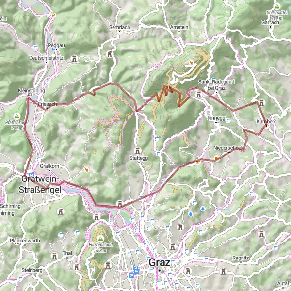 Miniatuurkaart van de fietsinspiratie "Gravelroute van 59 km vanaf Kumberg" in Steiermark, Austria. Gemaakt door de Tarmacs.app fietsrouteplanner