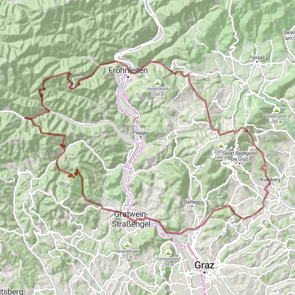 Miniaturní mapa "Gravelová trasa Kumberg - Schloss Kainberg" inspirace pro cyklisty v oblasti Steiermark, Austria. Vytvořeno pomocí plánovače tras Tarmacs.app