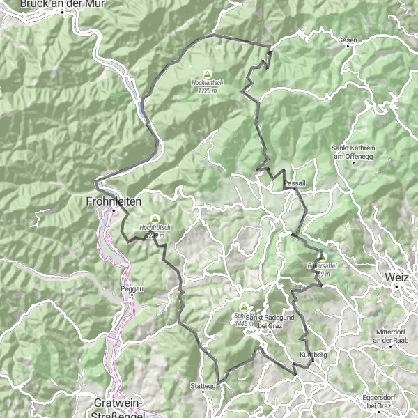 Mapa miniatúra "Cyklistická cesta okolo Kumbergu a okolitých vrchov" cyklistická inšpirácia v Steiermark, Austria. Vygenerované cyklistickým plánovačom trás Tarmacs.app