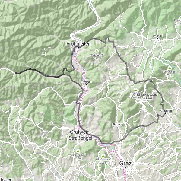 Miniatua del mapa de inspiración ciclista "Desafío ciclista por carretera desde Kumberg" en Steiermark, Austria. Generado por Tarmacs.app planificador de rutas ciclistas