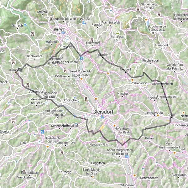 Miniaturekort af cykelinspirationen "En cykeltur gennem landskabet fra Kumberg til Eggersdorf bei Graz" i Steiermark, Austria. Genereret af Tarmacs.app cykelruteplanlægger