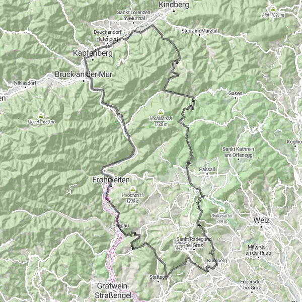 Miniatua del mapa de inspiración ciclista "Ruta de ciclismo de carretera alrededor de Kumberg" en Steiermark, Austria. Generado por Tarmacs.app planificador de rutas ciclistas