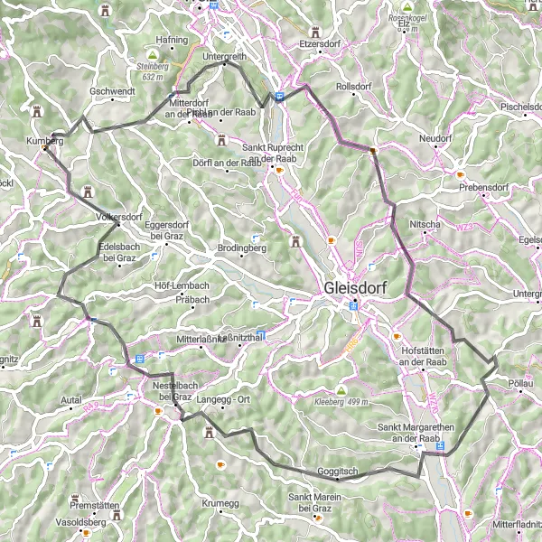 Miniature de la carte de l'inspiration cycliste "La campagne autrichienne" dans la Steiermark, Austria. Générée par le planificateur d'itinéraire cycliste Tarmacs.app
