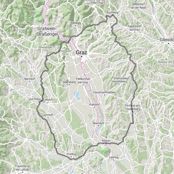 Miniatua del mapa de inspiración ciclista "Ruta de Ciclismo de 111 km en Carretera desde Kumberg" en Steiermark, Austria. Generado por Tarmacs.app planificador de rutas ciclistas