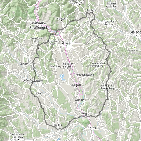 Miniaturní mapa "Okruh Kumberg - Weinitzen" inspirace pro cyklisty v oblasti Steiermark, Austria. Vytvořeno pomocí plánovače tras Tarmacs.app