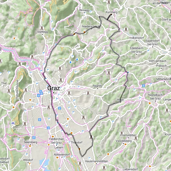 Mapa miniatúra "Cyklistická trasa - Kumberg" cyklistická inšpirácia v Steiermark, Austria. Vygenerované cyklistickým plánovačom trás Tarmacs.app