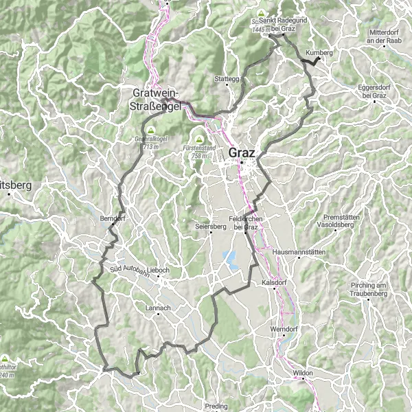 Miniatua del mapa de inspiración ciclista "Ruta de Ciclismo de 115 km en Carretera desde Kumberg" en Steiermark, Austria. Generado por Tarmacs.app planificador de rutas ciclistas