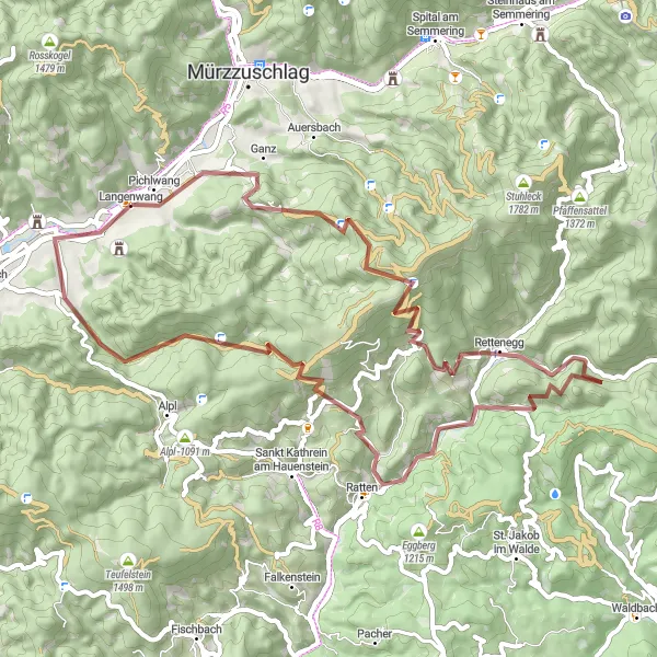 Karttaminiaatyyri "Langenwang - Pretul - Kogel - Rettenegg - Prinzkogel - Ratten - Hauereck - Schloss Feistritz" pyöräilyinspiraatiosta alueella Steiermark, Austria. Luotu Tarmacs.app pyöräilyreittisuunnittelijalla