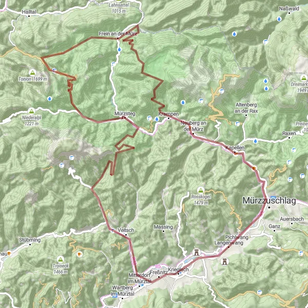 Miniaturekort af cykelinspirationen "Lang cykelrute til Mürzsteg" i Steiermark, Austria. Genereret af Tarmacs.app cykelruteplanlægger