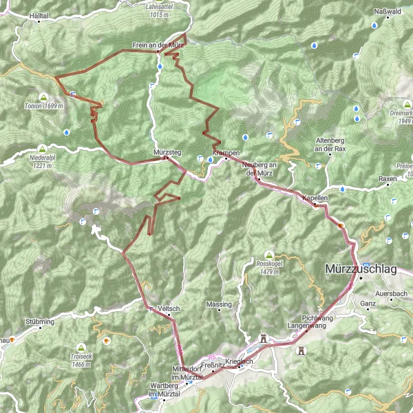 Miniatura della mappa di ispirazione al ciclismo "Avventura in bicicletta attraverso sentieri sterrati e ambienti naturali" nella regione di Steiermark, Austria. Generata da Tarmacs.app, pianificatore di rotte ciclistiche