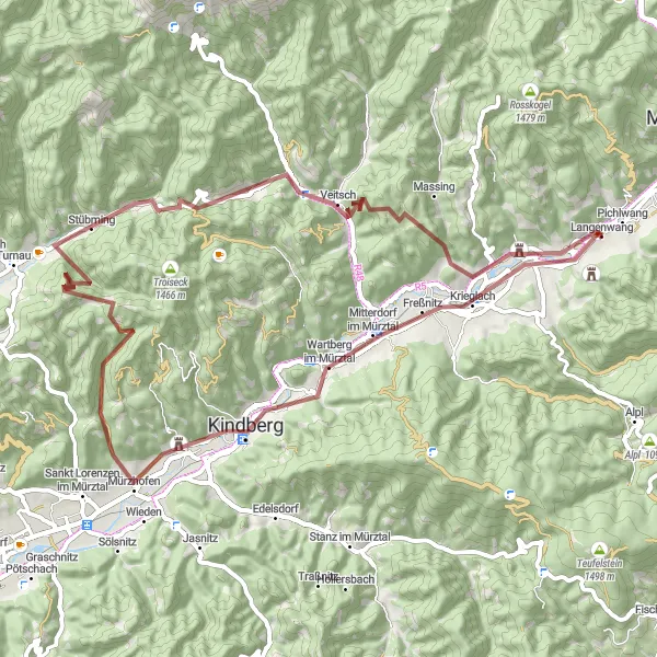 Kartminiatyr av "Mitterdorf im Mürztal til Schloss Feistritz Grusvei Oppdagelse" sykkelinspirasjon i Steiermark, Austria. Generert av Tarmacs.app sykkelrutoplanlegger