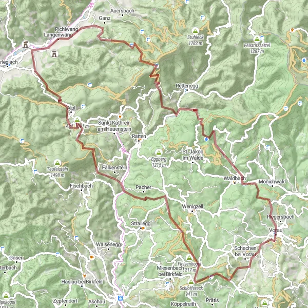 Miniatua del mapa de inspiración ciclista "Ruta de ciclismo de grava a Pretul y Schloss Feistritz" en Steiermark, Austria. Generado por Tarmacs.app planificador de rutas ciclistas