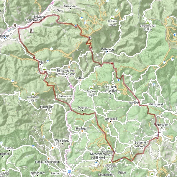 Karttaminiaatyyri "Langenwang - Pretul - Wetzelberg - Reifbach - Schachen bei Vorau - Hintereck - Wildwiesenwarte - Stadlhof - Höllkögerl - Schloss Feistritz" pyöräilyinspiraatiosta alueella Steiermark, Austria. Luotu Tarmacs.app pyöräilyreittisuunnittelijalla