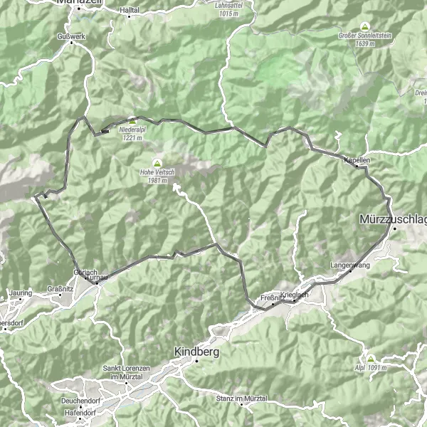 Kartminiatyr av "Veitsch og Niederalpl Eventyr" sykkelinspirasjon i Steiermark, Austria. Generert av Tarmacs.app sykkelrutoplanlegger