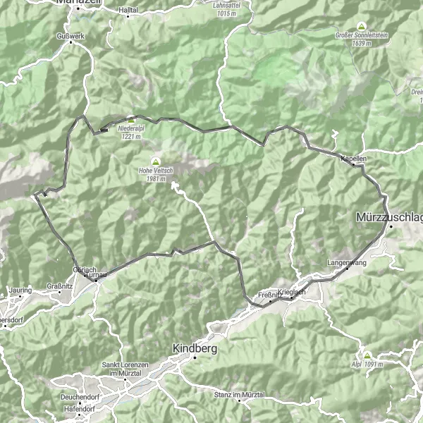 Karttaminiaatyyri "Langenwangin maasto pyöräilyreitti" pyöräilyinspiraatiosta alueella Steiermark, Austria. Luotu Tarmacs.app pyöräilyreittisuunnittelijalla