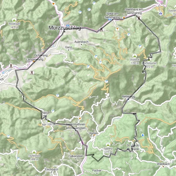 Miniatua del mapa de inspiración ciclista "Viaje en carretera a Alpl y Schloss Feistritz" en Steiermark, Austria. Generado por Tarmacs.app planificador de rutas ciclistas