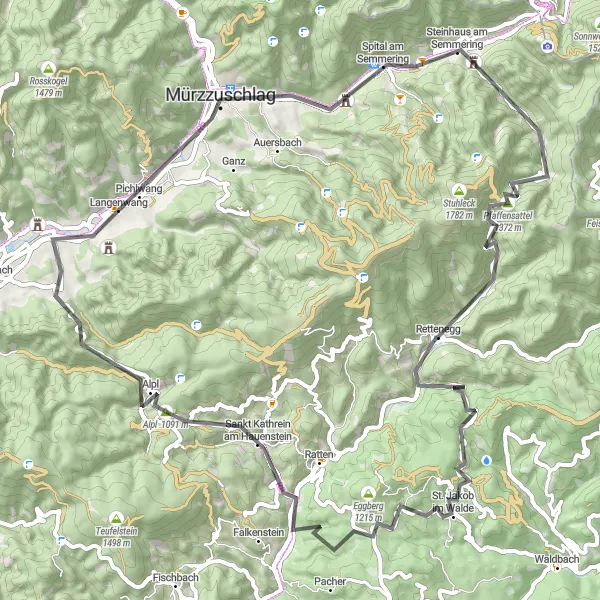 Karttaminiaatyyri "Langenwang - Kaiserstein - Mürzzuschlag - Spital am Semmering - Pfaffensattel - Rettenegg - Ochsenkopf - Sankt Kathrein am Hauenstein - Alpl - Hochgölk - Schloss Feistritz" pyöräilyinspiraatiosta alueella Steiermark, Austria. Luotu Tarmacs.app pyöräilyreittisuunnittelijalla