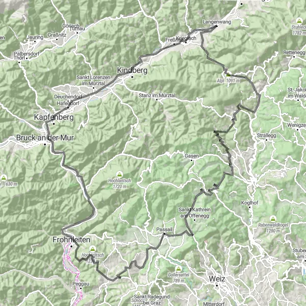 Miniatua del mapa de inspiración ciclista "Aventura en carretera a Pernegg an der Mur y Schloss Feistritz" en Steiermark, Austria. Generado por Tarmacs.app planificador de rutas ciclistas