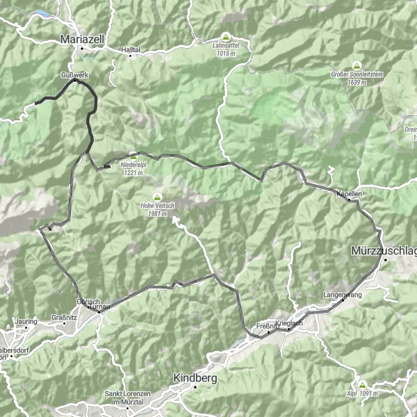 Map miniature of "The Ultimate Mürz Valley Cycling Experience" cycling inspiration in Steiermark, Austria. Generated by Tarmacs.app cycling route planner