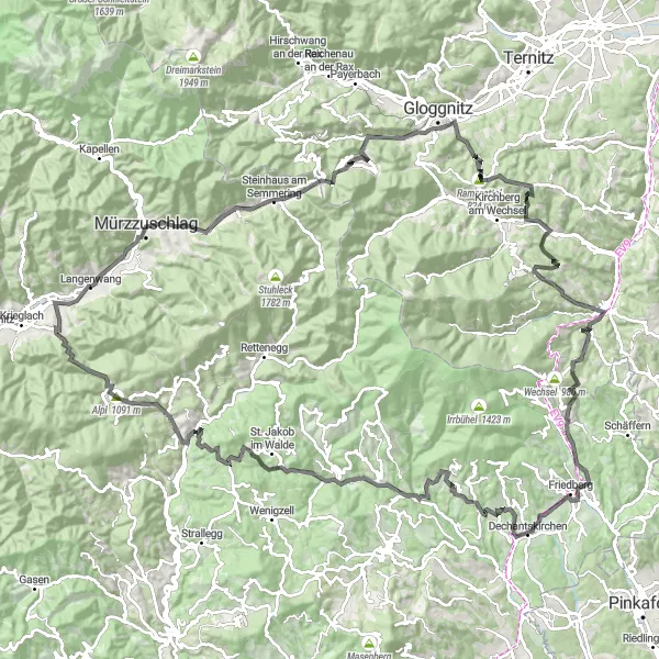 Miniatua del mapa de inspiración ciclista "Ruta Desafiante en Langenwang" en Steiermark, Austria. Generado por Tarmacs.app planificador de rutas ciclistas