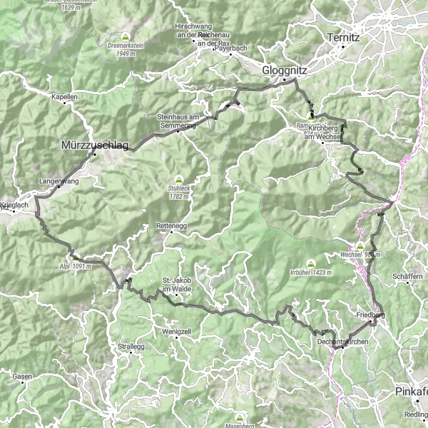 Karttaminiaatyyri "Langenwangin ympäryskierros pyöräilyreitti" pyöräilyinspiraatiosta alueella Steiermark, Austria. Luotu Tarmacs.app pyöräilyreittisuunnittelijalla