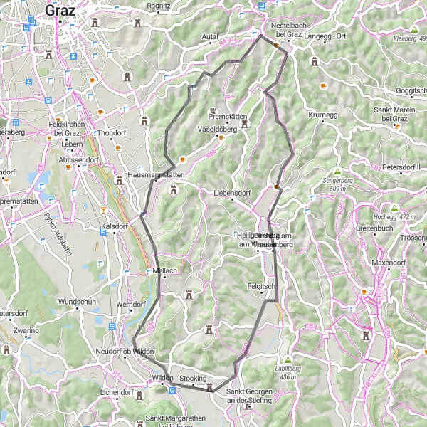 Zemljevid v pomanjšavi "Pot okoli Graza" kolesarske inspiracije v Steiermark, Austria. Generirano z načrtovalcem kolesarskih poti Tarmacs.app