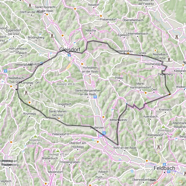 Mapa miniatúra "Cyklotrasa okolo Gleisdorfu" cyklistická inšpirácia v Steiermark, Austria. Vygenerované cyklistickým plánovačom trás Tarmacs.app