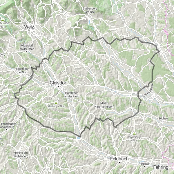 Miniature de la carte de l'inspiration cycliste "Aventure dans les Collines de l'Est" dans la Steiermark, Austria. Générée par le planificateur d'itinéraire cycliste Tarmacs.app