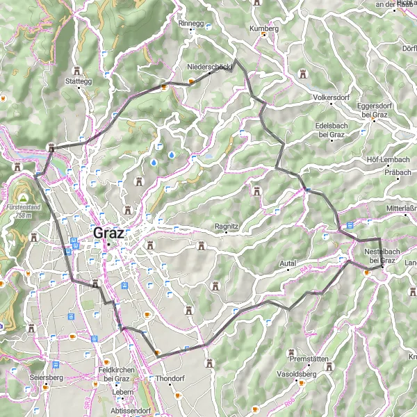 Miniatua del mapa de inspiración ciclista "Pueblos y naturaleza en bicicleta" en Steiermark, Austria. Generado por Tarmacs.app planificador de rutas ciclistas