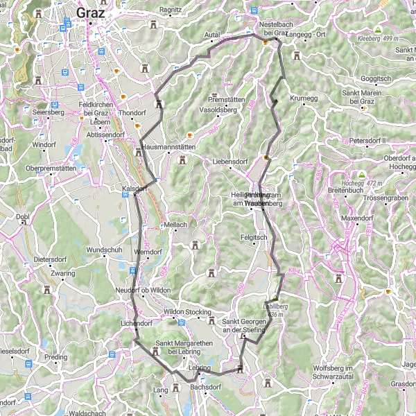 Miniatura della mappa di ispirazione al ciclismo "Avventura ciclistica nei dintorni di Lassnitzhöhe" nella regione di Steiermark, Austria. Generata da Tarmacs.app, pianificatore di rotte ciclistiche