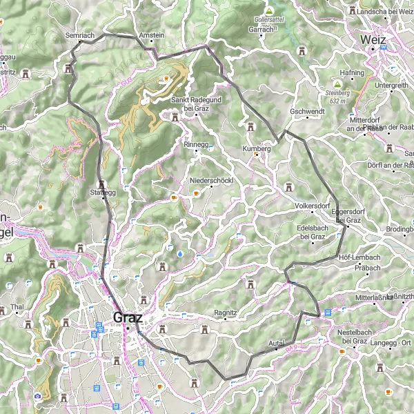 Miniatura della mappa di ispirazione al ciclismo "Il Giro di Graz e dintorni" nella regione di Steiermark, Austria. Generata da Tarmacs.app, pianificatore di rotte ciclistiche