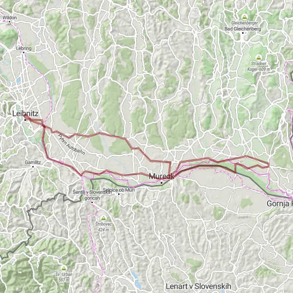 Miniatua del mapa de inspiración ciclista "Ruta de ciclismo de grava alrededor de Leibnitz" en Steiermark, Austria. Generado por Tarmacs.app planificador de rutas ciclistas