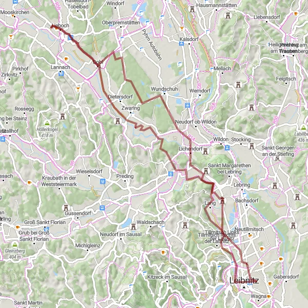 Miniatura della mappa di ispirazione al ciclismo "Giro in bici su sterrato da Leibnitz" nella regione di Steiermark, Austria. Generata da Tarmacs.app, pianificatore di rotte ciclistiche