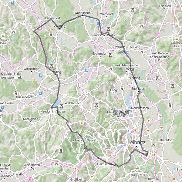 Miniatua del mapa de inspiración ciclista "Ruta por carretera alrededor de Leibnitz" en Steiermark, Austria. Generado por Tarmacs.app planificador de rutas ciclistas