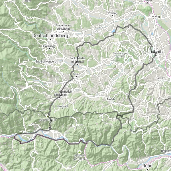 Miniature de la carte de l'inspiration cycliste "L'Expérience des Vignobles Autrichiens" dans la Steiermark, Austria. Générée par le planificateur d'itinéraire cycliste Tarmacs.app