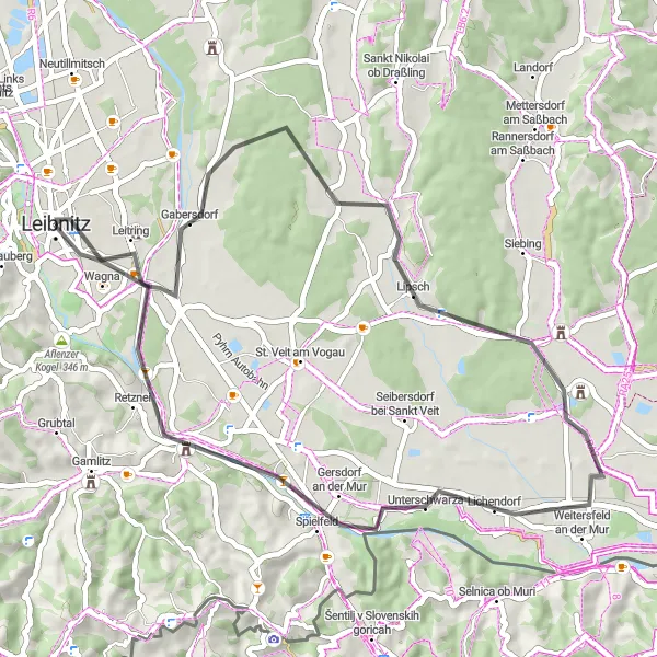Zemljevid v pomanjšavi "Kolesarska pot Leibnitz - Altenmarkt" kolesarske inspiracije v Steiermark, Austria. Generirano z načrtovalcem kolesarskih poti Tarmacs.app