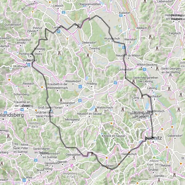 Miniatura della mappa di ispirazione al ciclismo "Giro in bici su strada da Leibnitz" nella regione di Steiermark, Austria. Generata da Tarmacs.app, pianificatore di rotte ciclistiche