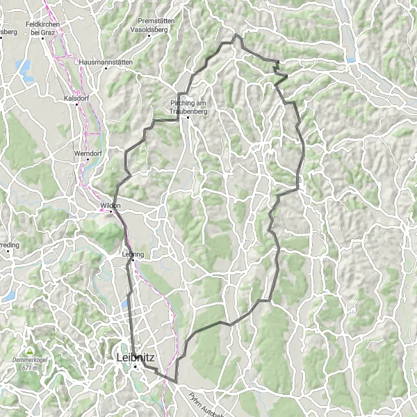 Zemljevid v pomanjšavi "Kolesarska pot okoli Leibnitza" kolesarske inspiracije v Steiermark, Austria. Generirano z načrtovalcem kolesarskih poti Tarmacs.app