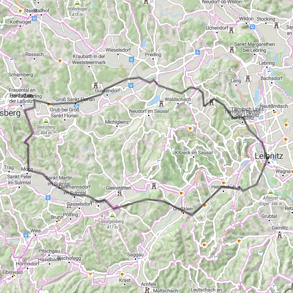 Miniatuurkaart van de fietsinspiratie "Kastelen en uitzichtpunten fietsroute" in Steiermark, Austria. Gemaakt door de Tarmacs.app fietsrouteplanner