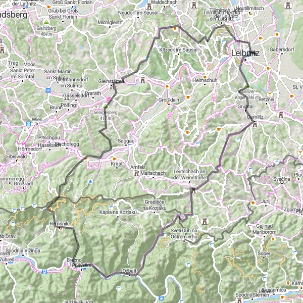 Mapa miniatúra "Výzva na východ" cyklistická inšpirácia v Steiermark, Austria. Vygenerované cyklistickým plánovačom trás Tarmacs.app