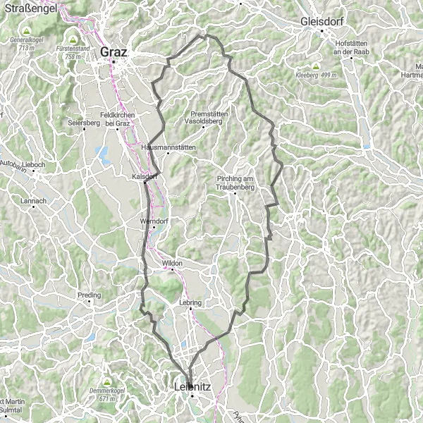 Zemljevid v pomanjšavi "Krožna kolesarska pot zanimivosti v okolici Leibnitza" kolesarske inspiracije v Steiermark, Austria. Generirano z načrtovalcem kolesarskih poti Tarmacs.app