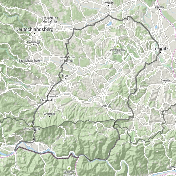 Miniature de la carte de l'inspiration cycliste "Randonnée Montikogel" dans la Steiermark, Austria. Générée par le planificateur d'itinéraire cycliste Tarmacs.app