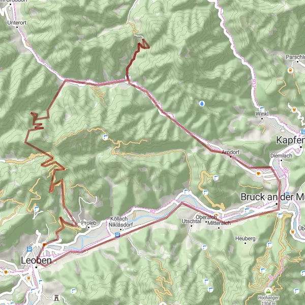 Miniatura della mappa di ispirazione al ciclismo "Esplorazione in bicicletta tra gli splendidi paesaggi della Stiria" nella regione di Steiermark, Austria. Generata da Tarmacs.app, pianificatore di rotte ciclistiche