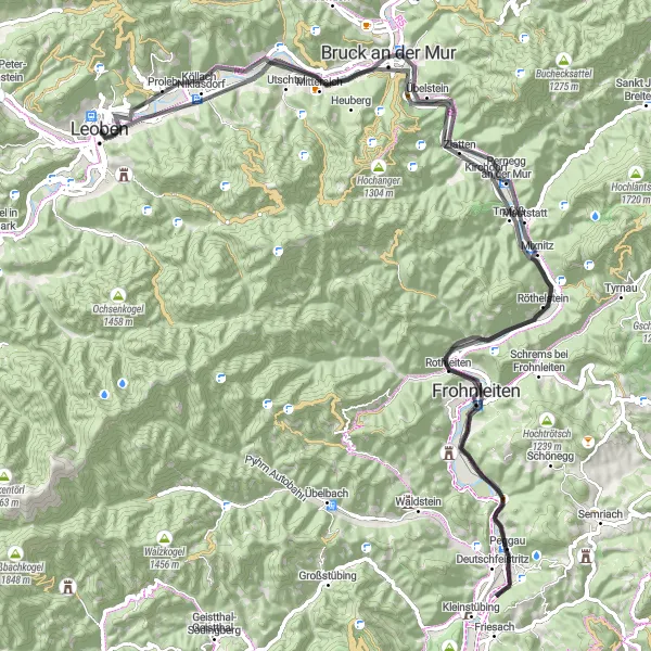 Kartminiatyr av "Färd längs Bruck an der Mur" cykelinspiration i Steiermark, Austria. Genererad av Tarmacs.app cykelruttplanerare