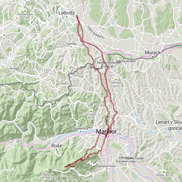 Miniaturní mapa "Extrémní gravelový okruh v Štýrsku" inspirace pro cyklisty v oblasti Steiermark, Austria. Vytvořeno pomocí plánovače tras Tarmacs.app