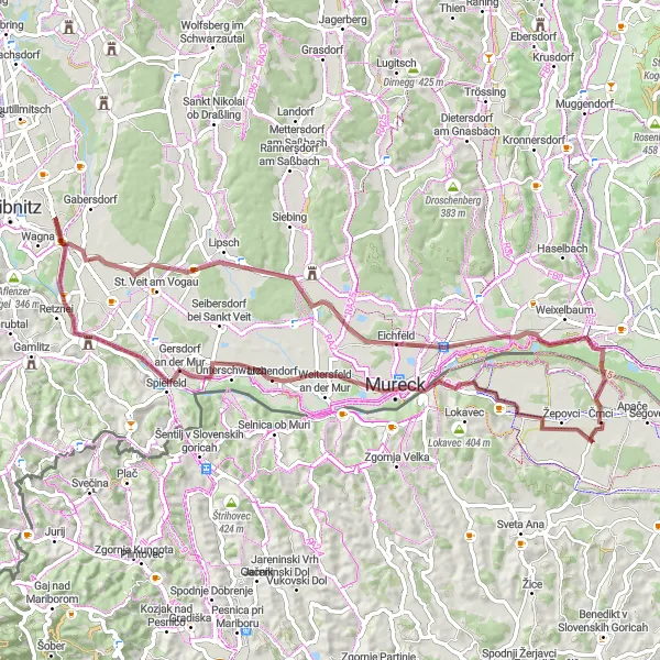 Miniatua del mapa de inspiración ciclista "Descubre Leitring en bicicleta de grava" en Steiermark, Austria. Generado por Tarmacs.app planificador de rutas ciclistas
