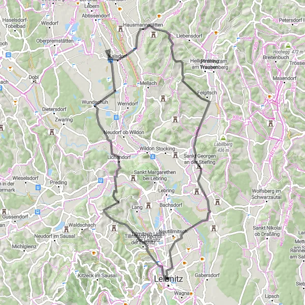 Miniaturní mapa "Adrenalinový cyklistický okruh kolem Leitrig, 68 km" inspirace pro cyklisty v oblasti Steiermark, Austria. Vytvořeno pomocí plánovače tras Tarmacs.app