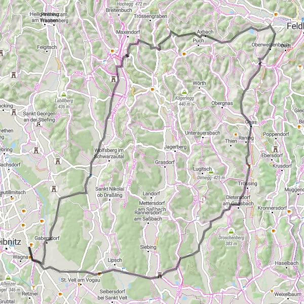 Miniatua del mapa de inspiración ciclista "Ruta de ciclismo de carretera con 86 km desde Leitring" en Steiermark, Austria. Generado por Tarmacs.app planificador de rutas ciclistas