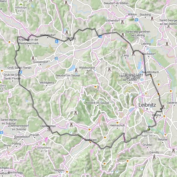 Zemljevid v pomanjšavi "Ruralna pot proti jugu" kolesarske inspiracije v Steiermark, Austria. Generirano z načrtovalcem kolesarskih poti Tarmacs.app